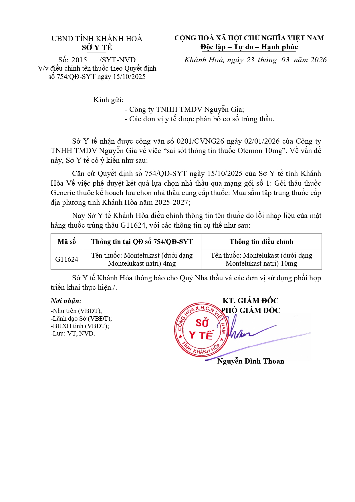 V/v điều chỉnh tên thuốc theo Quyết định số 754/QĐ-SYT ngày 15/10/2025